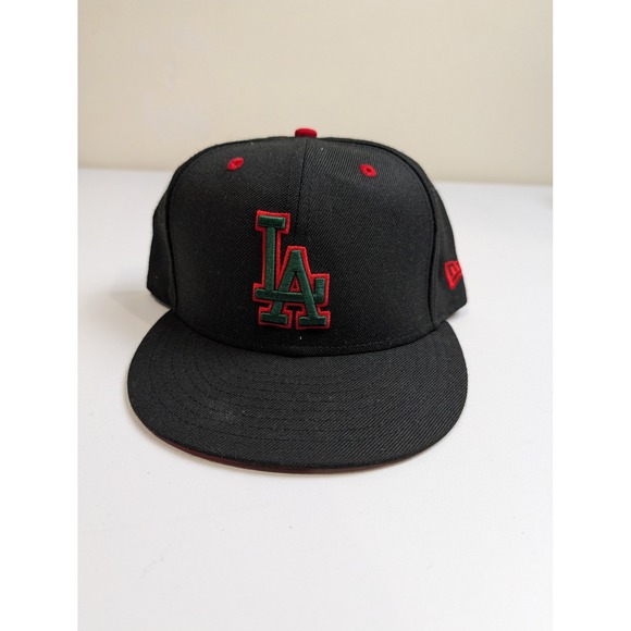 New Era Other - New Era 59FIFTY Fitted Hat Mens 7 3/4 Black Wool LA Dodgers Green Red Flat Brim